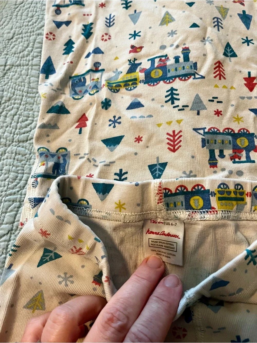Hanna Andersson white Holiday Train Pajama Set with Blue Trim